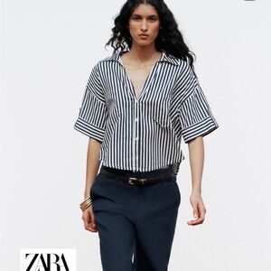 Zara Cropped Linen Blend Button Down Shirt